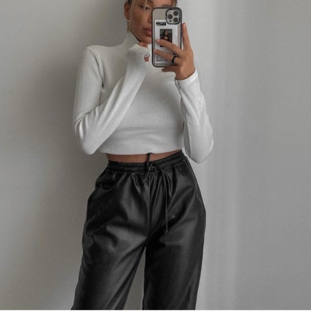 Zara High Waisted Wax Effect Straight Black Pants